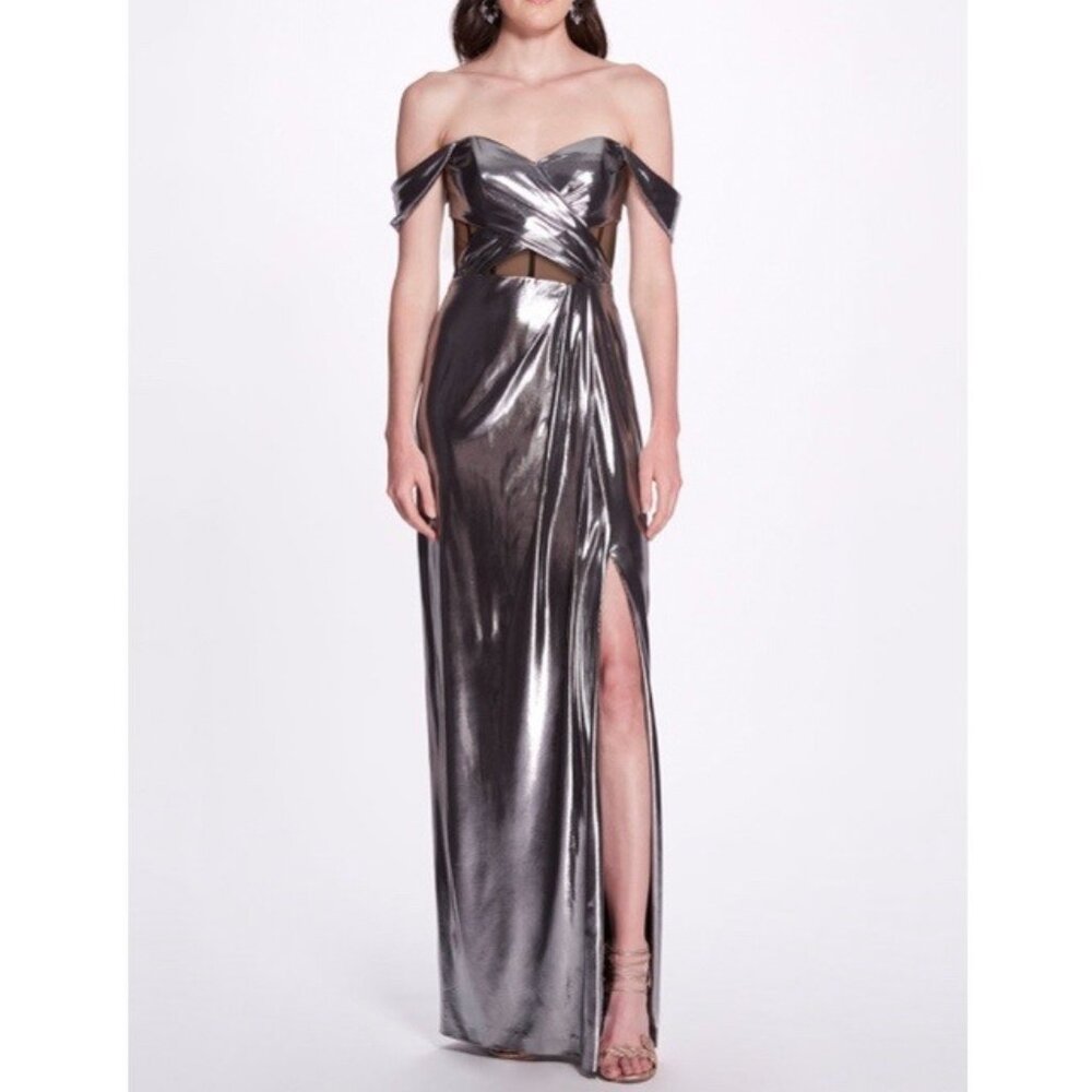 NWT Marchesa Notte Metallic Cutout Off Shoulder Gown